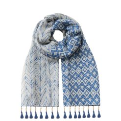 SCA269 Scarf, Geometric Feathers - Blue